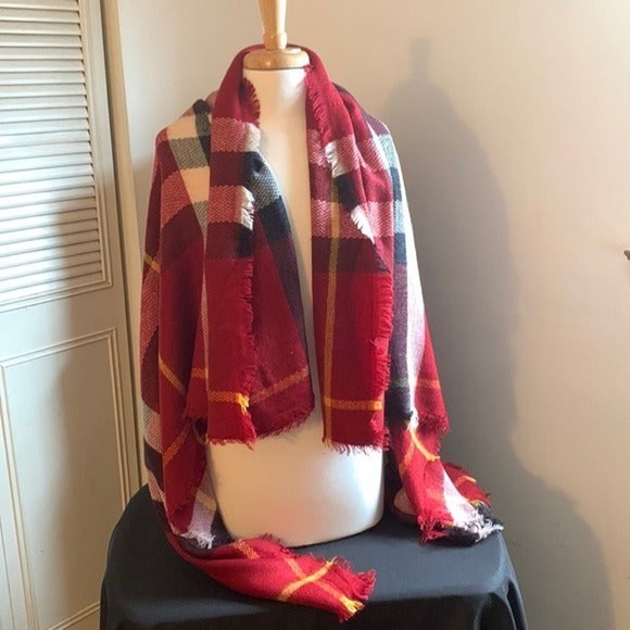 A&O 100% acrylic Red White Black Yellow Shawl Wrap Throw Plaid Print - Picture 1 of 8